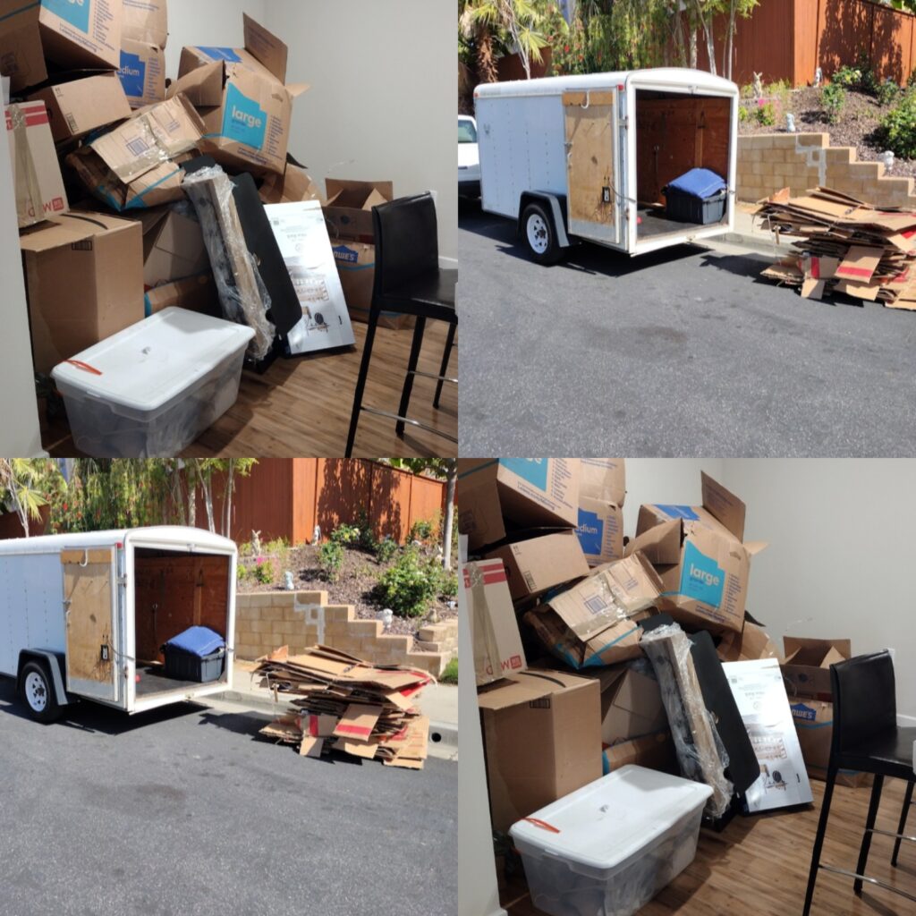 Four pictures of a moving truck with boxes